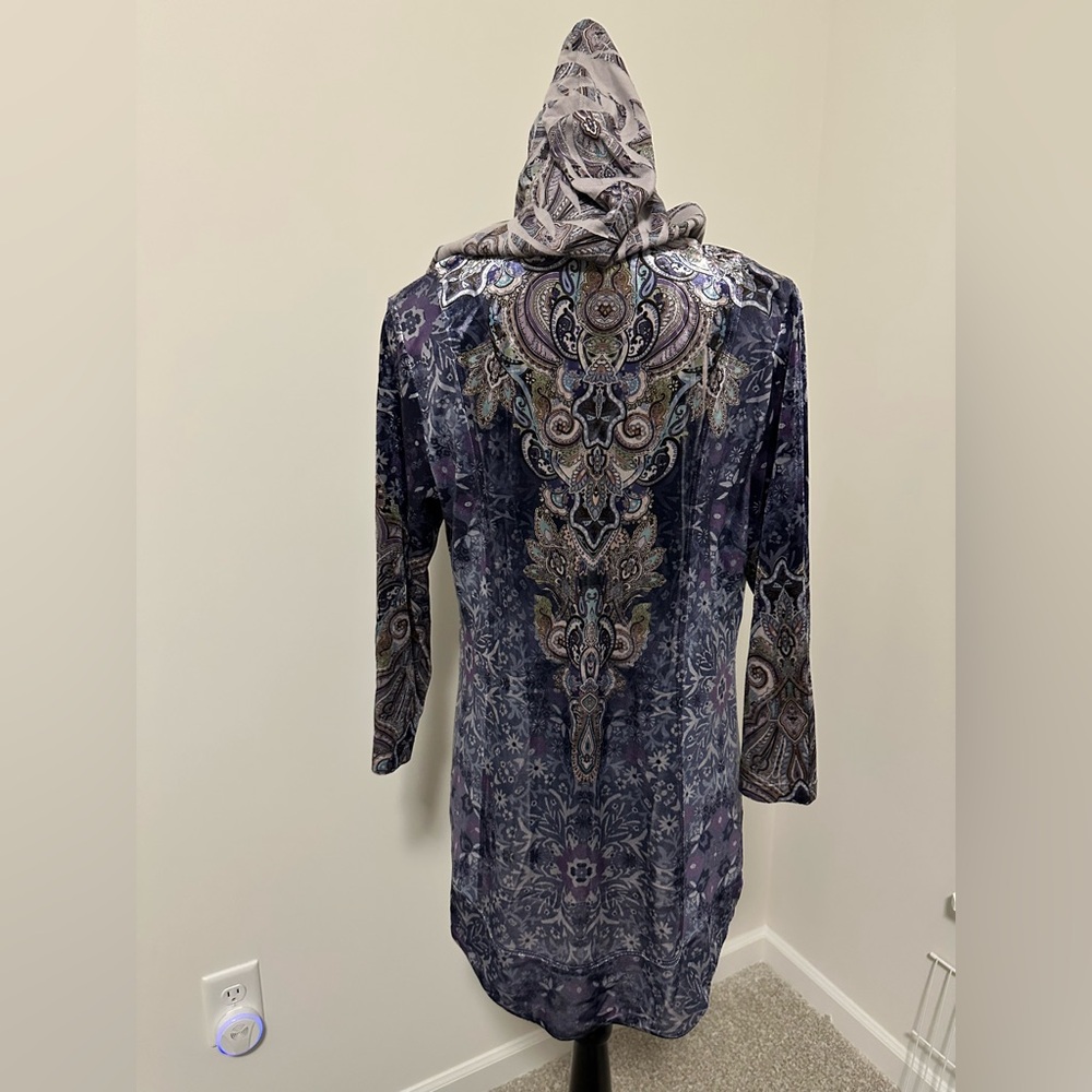 Women’s One World Blue Printed Knit & Velvet 3/4 Sleeve Zip Front Hoodie - Picture 6 of 6